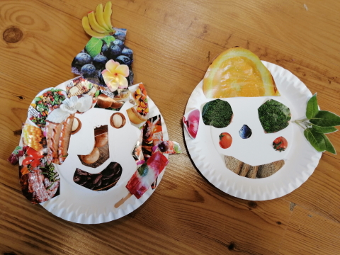 na zdjęciu talerzyki w formie owocowo - warzywnych portretów