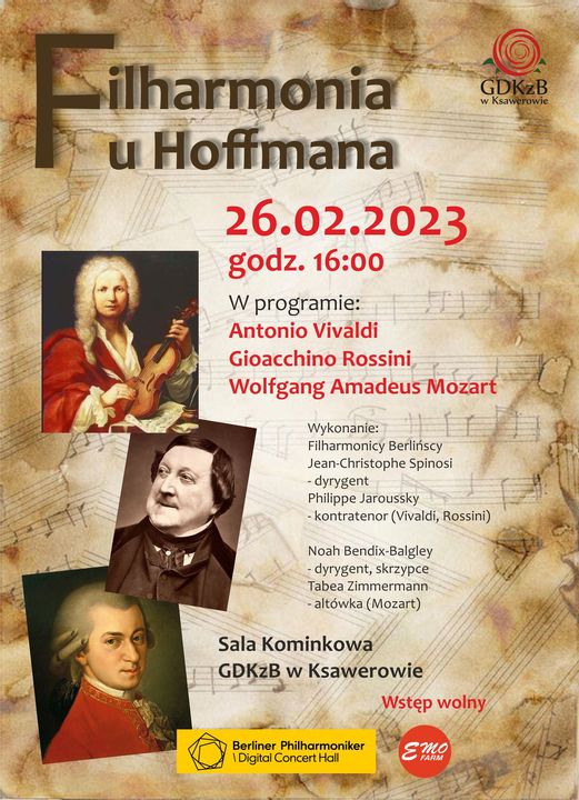plakat informacyjny, filharmonia u Hoffmana, 26 luty godz. 16:00